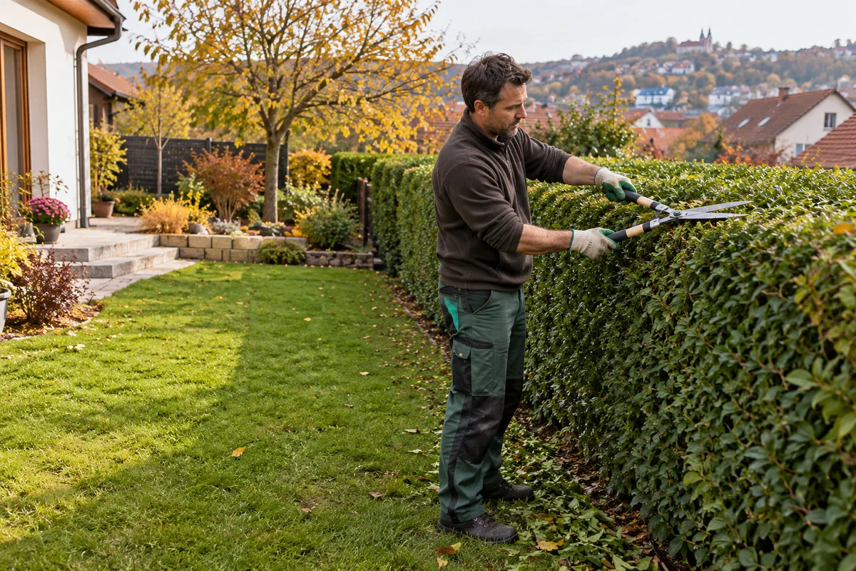 Záhradník strihá živý plot pri rodinnom dome v jesennej záhrade